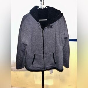 Victoria’s Secret Pink Medium Gray Black Reversible Sherpa Full Zip Up Jacket